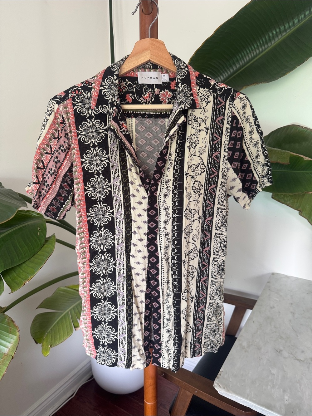 Topman Black, Cream & Pink Patterned Short-Sleeve Button-Down Shirt